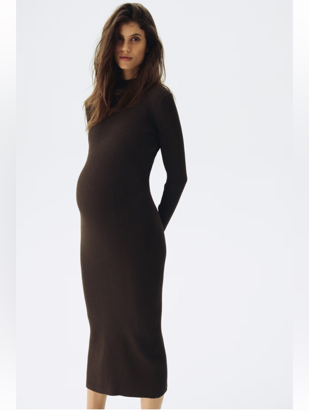 H&M MAMA RIB-KNIT MOCK TURTLENECK DRESS,  Dark Brown, XS